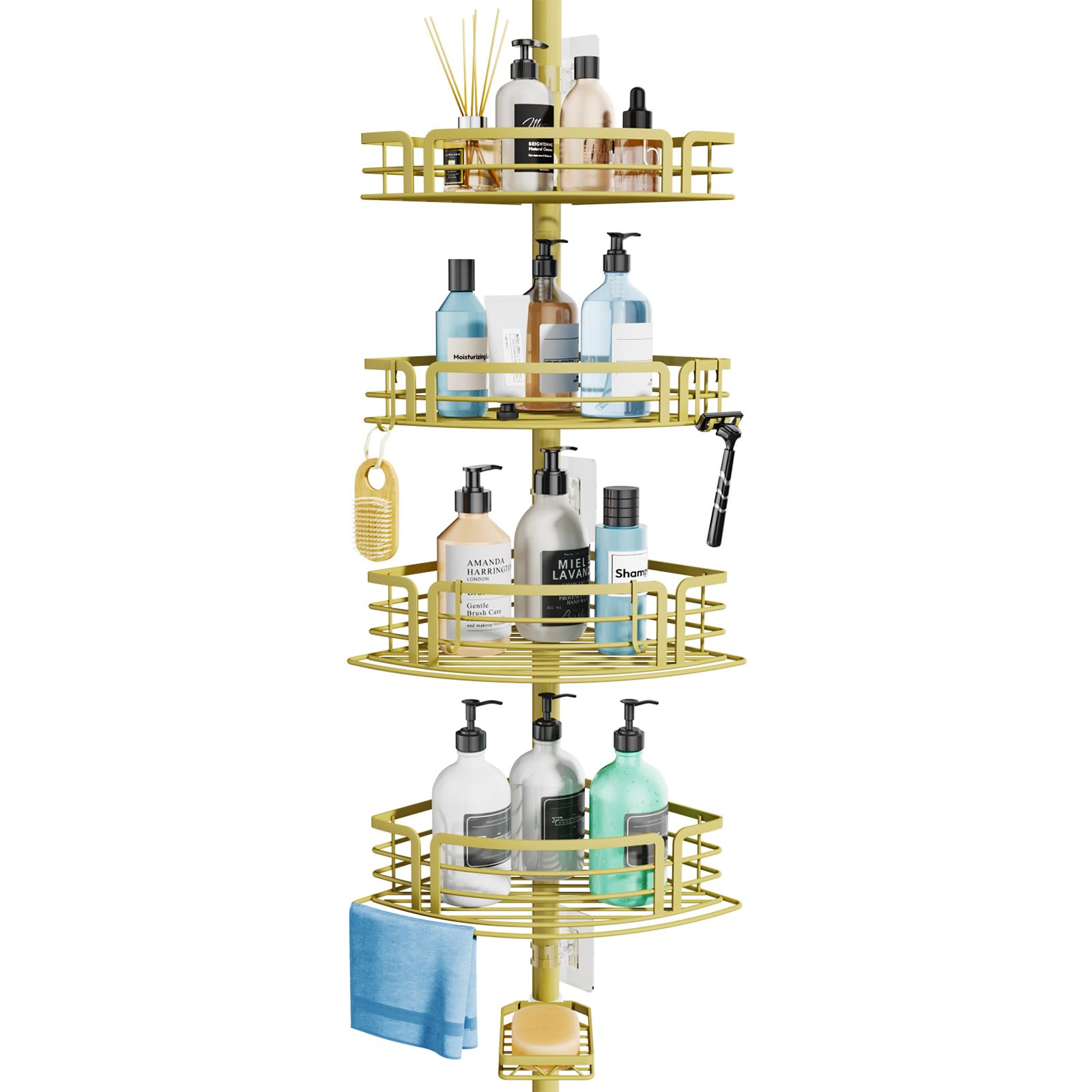 Photo 1 of Consumest Corner Shower Caddy Tension Pole - Rustproof Shower Shelves with Towel Bar & Soap Holder, Adjustable Bath Organizer for Bathroom Storage, 27.6-108.3 inch, Gold