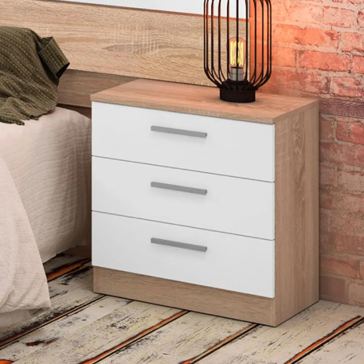 Meyvaser Ensemble tête de lit et 2 tables de chevet, chambre double, chambre complète, finition en cambria et blanc, 220 cm (largeur) x 50 cm (hauteur) x 35 cm (profondeur)