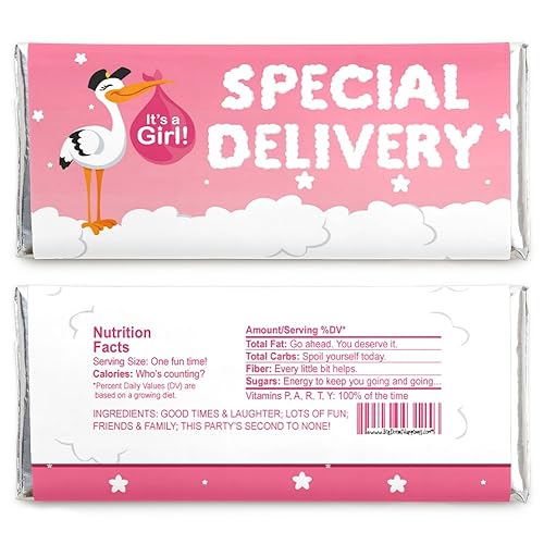Miniatura 2 de Girl Special Delivery - Envoltura de barra de caramelo rosa It's A Girl Stork Baby Shower Favores - Juego de 24