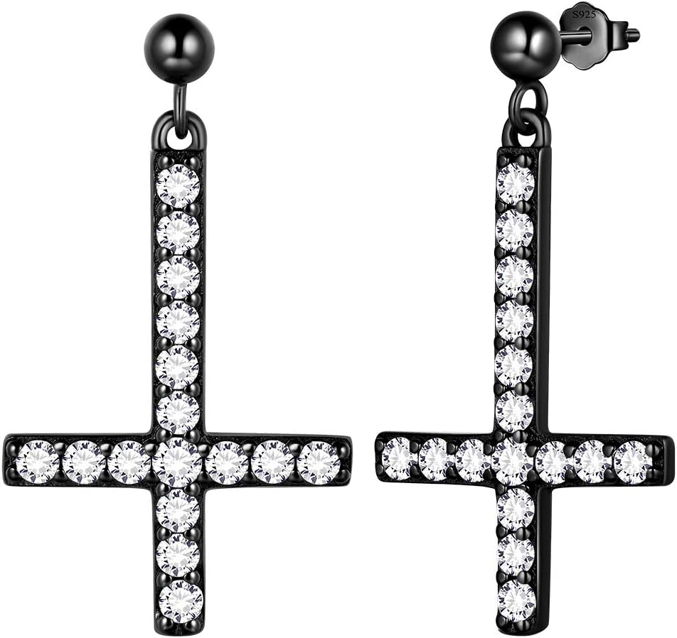 Mens Inverted Cross Earrings 925 Sterling Silver Women Upside-down Cross Earring St. Peter's Cross Earring Crystal Cubic Zirconia Jewelry