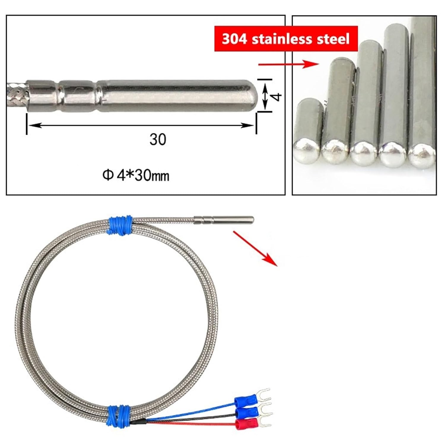 Pt100 High Temperature Probe Type Sensor Glass Fiber Insulation Platinum Thermal Resistance 450℃ 1Pcs(5m)