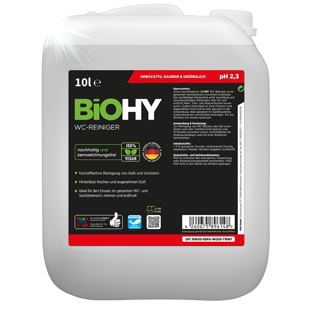BiOHY Detergente per WC (Lattina da 10 Litri) | EXTRA FORTE | Concentrato biologico professionale | Gel detergente viscoso | Ideale contro il calcare delle urine (WC-Reiniger)