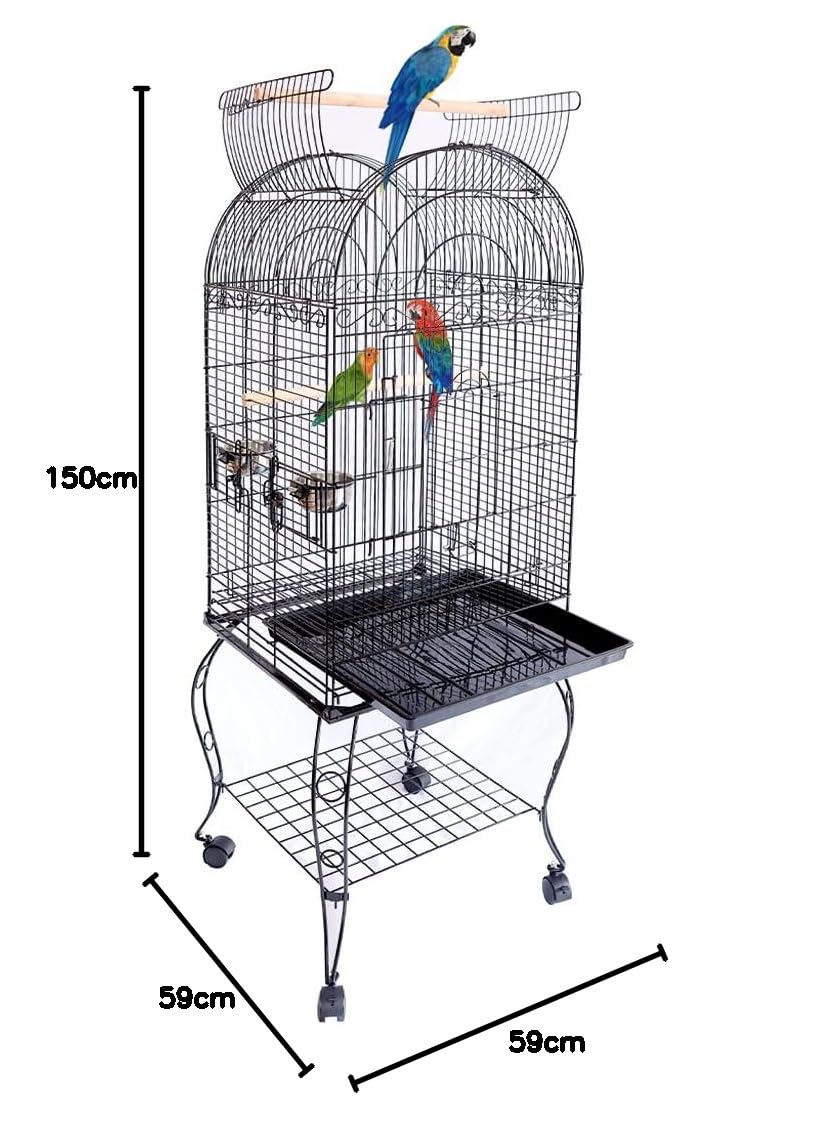 BAKAJI Gabbia Voliera per Uccelli, Pappagalli Inseparabili, Parrocchetti, Volatili con Carrello e Tetto Apribile in Metallo e Legno Nero Gabbietta con Posatoi e Ruote con Blocco, 59 x 59 x 150 cm