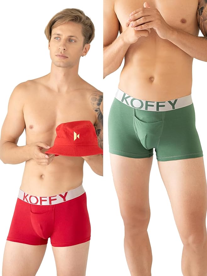 KOFFY Men's Premium Cotton Lycra Mini Trunk with Minus Cutting Pouch I Silver Metallic Elastic I 4 Way Stretch I Wrinkle Free