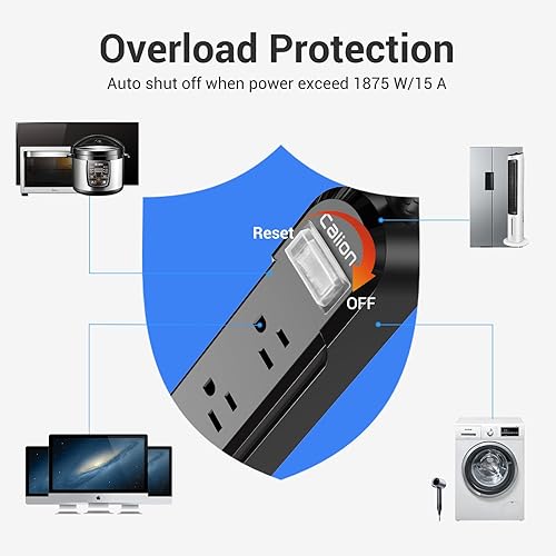 Miniatura 6 de Tira de alimentación IPX6 para exteriores resistente a la intemperie, cable de extensión de 10 pies, 3 salidas anchas, protección contra sobrecargas