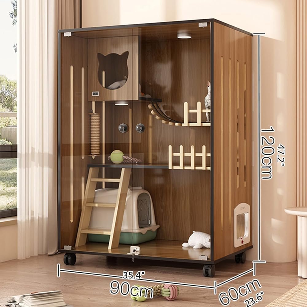 Recinzione per gatti da interno, grande casa per gatti in legno con porte di fuga e rotelle, gabbia per gatti chiusa multi-funzione, adatta per casa o negozio di animali domestici