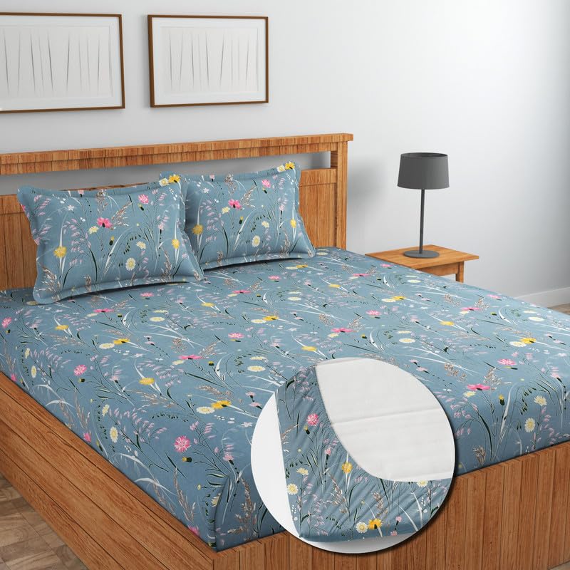 Image of NEW LEAF Cotton Fitted King Size Bedsheets with 2 Pillow Covers | Elastic Fitted | Wrinklefree | Ultrasoft |Winter Bedsheet 220 tc tc Floral | 710x72+10 Inches, Grey Pink