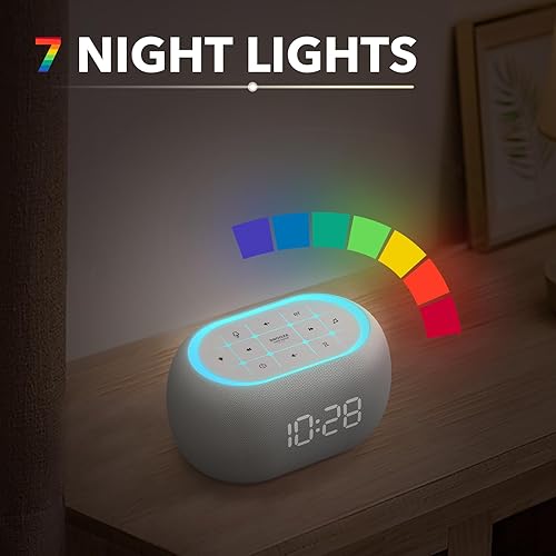 Miniatura 5 de ANJANK Reloj despertador con máquina de sonido ultra con altavoz Bluetooth, 21 sonidos relajantes, 7 luces nocturnas, 0-100% atenuadortemporizador