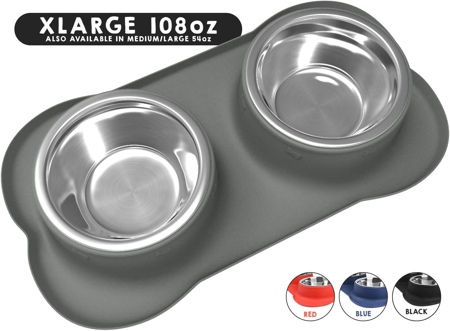 Kitchen & Dining : Large Dog Bowls & Mat Set - Two Big 54oz (108oz Total) Removable Stainless Steel Bowl Set in a Stylish Grey No Mess, No Spill, Non Skid, Silicone Mat. Food & Water Bowls for Medium to Large Dog Grey : 