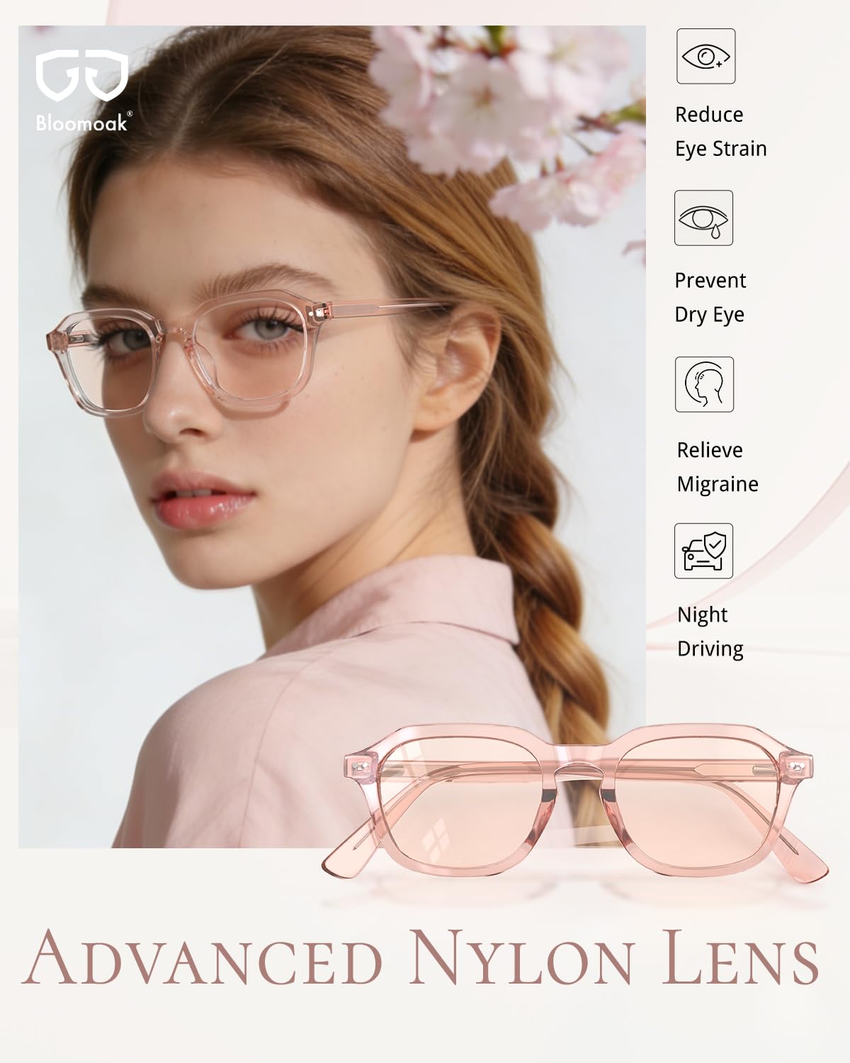 Bloomoak Rose Tinted Migraine Glasses, FL- Flex Light Sensitivity Relief Trendy Glasses for Fluorescent Glare, Photophobia, Eye Strain, UV400, Acetate Frame (Light Rose Coral - 52% - Pink Frame)