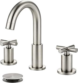 gotonovo 8 Bathroom Sink Faucet 3 Hole Brushed Nickel,Curved Spout | Widespread Bathroom Faucet,6-16 Vanity,Sink,RV,Lavatory,2 Cross Handle,SUS304,360 Swivel Spout,24 cUPC Hose,Pop Up Drain