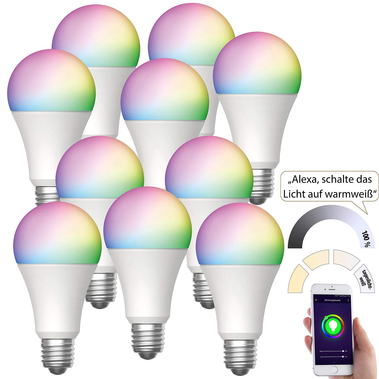 Luminea Home Control WLAN-LED-Lampe E27 RGBW: 10er-Set WLAN-LED-Lampen, E27, RGB-CCT, 9W (ersetzt 75W), F, 80lm, App (WLAN Leuchtmittel, WLAN-Birne)