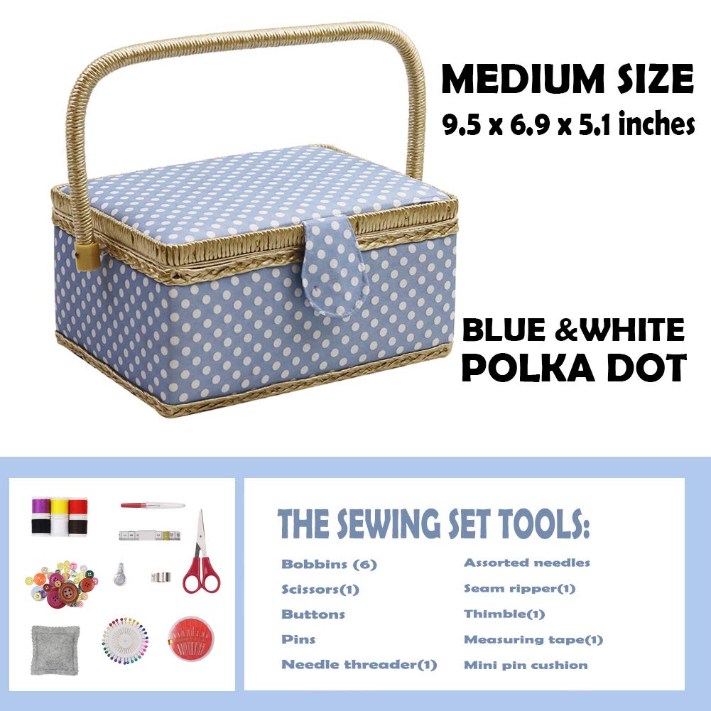 D & D Cesta Organizador Con Accesorios, Caja de Costura Kit Básicos Para Hogar y Viaje, Color Azul Lunares Coser Kits Regalo