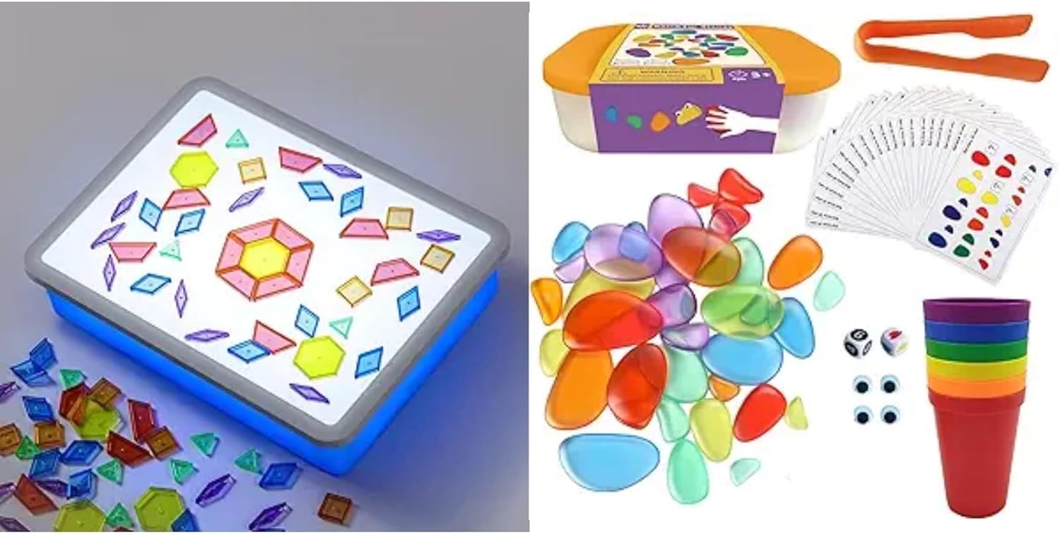 PreTrans Kids Light Box – Rainbow Stacking Stones – Sensory Light Table for Kids, Artist Tracing Light Box, LED Light Up Sensory Table