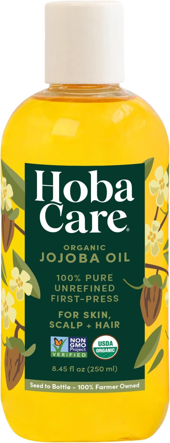HobaCare Natural Organic Jojoba Oil for Hair, Skincare, Face, Body, Scalp, Nails, Beard Care, Skin Massage โ Unrefined Carrier Oil โ 100% Pure, Hexane Free, Moisturizing (8.45 oz)
