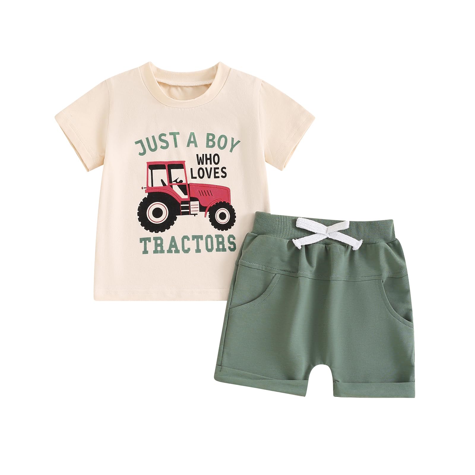 Muasaaluxi Toddler Baby Boy Summer Outfit Short Sleeve Tractor T-shirt Tops Basic Jogger Shorts Farm Baby Clothes 0-3T (Apricot Green, 0-6 Months)
