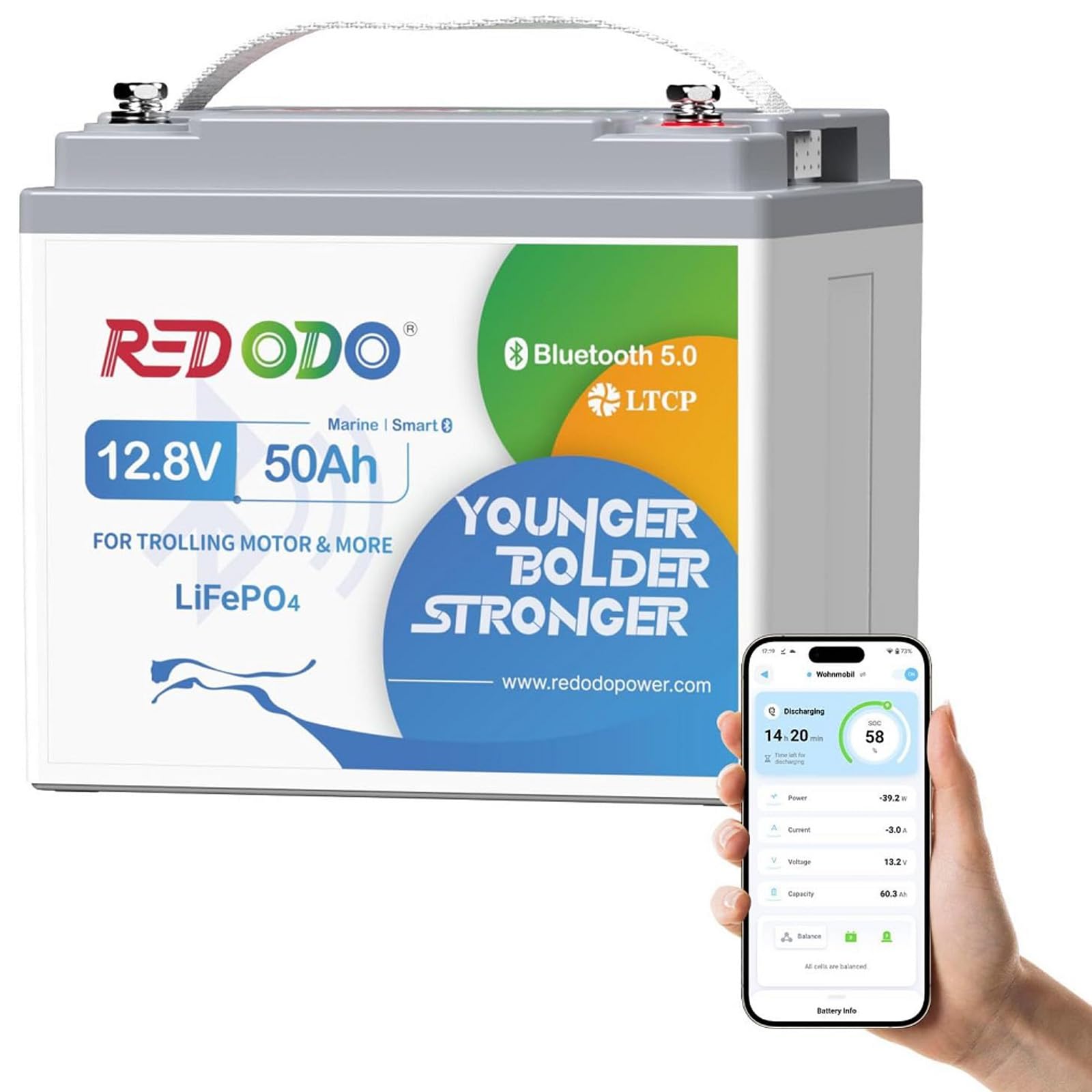 Redodo Smart Bluetooth 12V 50Ah LiFePO4 Lithium Batterie für Trolling Motor, Low-Temp Schutz, 10 Jahre Lebensdauer, leicht & tragbar Perfekt für RV, Solar, Boot, Marine, Camping