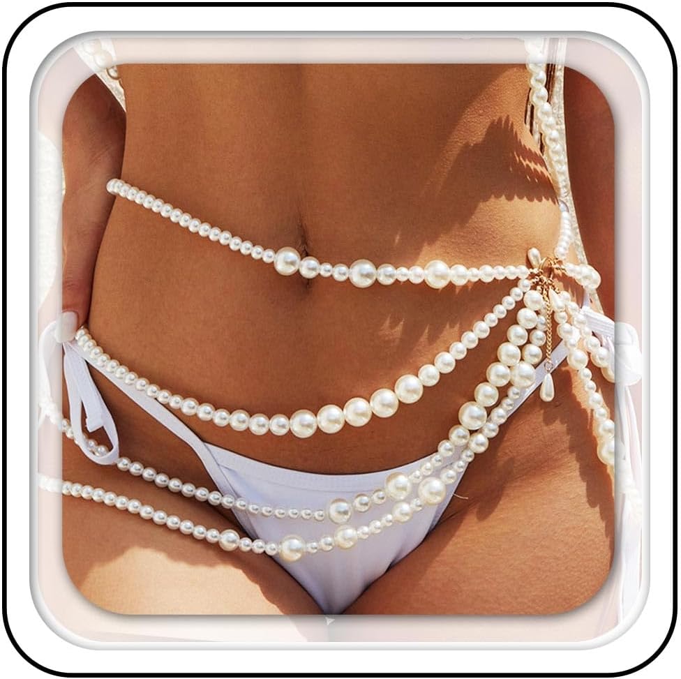 Aukmla Pearl Waist Body Chain Gold Layered Beach Rave Belly Chains Jewelry for Women