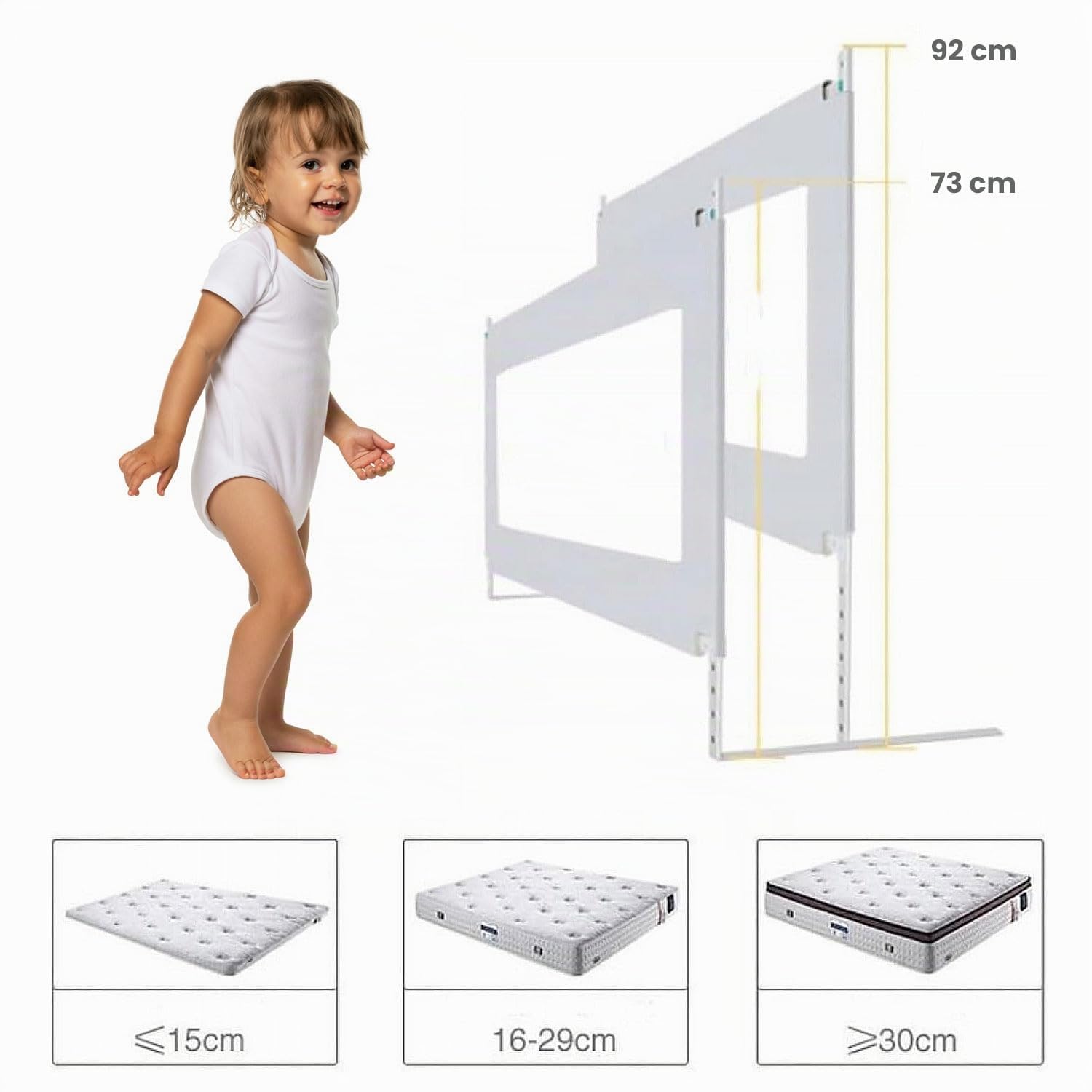 Primabobo Barrière de lit réglable en Hauteur Cadre en métal avec Mousse de Protection Douce 90-200 Gris 180 cm x 68 cm
