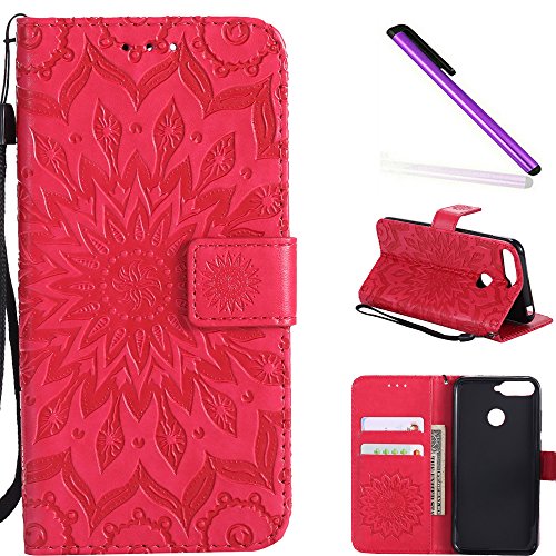 HMTECH Huawei Honor 7A case Huawei Y6 2018 case Sun Flower Embossed Floral Wallet Case Card Slots Kickstand PU Leather Flip Stand Cover Stylus Pen for Huawei Honor 7A Huawei Y6 2018 KT Mandala Red