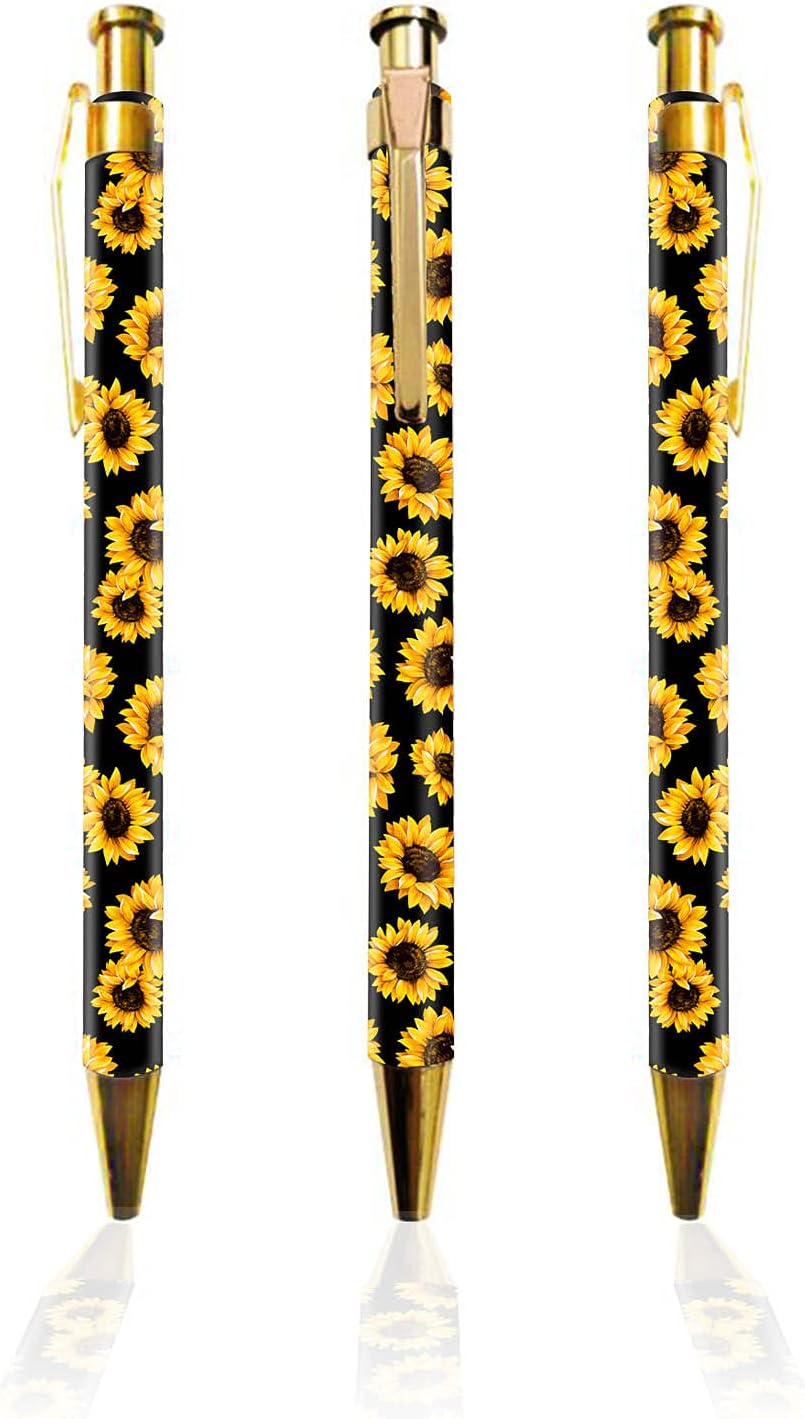 Ballpoint Pens 3pcs Click Ball Pens Blooming Sunflower Pattern Reusable Metal Retractable Pen Black Ink Medium Point 1mm for School Office