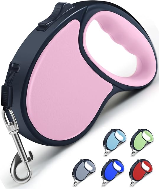 Retractable Dog Lead, ANCOOLE 5M/16FT Extendable Dog Lead 360°Tangle-Free Smooth&Durable Nylon Tape with Anti-Slip Handle, One-Handed Brake for Small Medium Dogs(Pink)