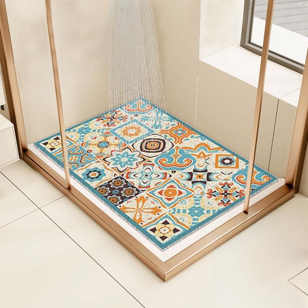 Surwin Bath Mat Non Slip Shower Mats, Moroccan Boho Style Anti Slip Bathtub Mat Quick Dry Soft Rubber Loofah Bathroom Mats for Inside Shower Bathroom Bath Tub Floor (60x90cm,Sky Blue)