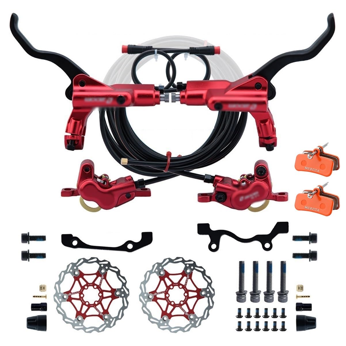 KLWEKJSD 4-Pistons Hydraulic Disc Brake Set with Rotors for E-Bike 2-PIN Power-Off Bicycles Brake Kit with Brake Pads and Mounting Adapters(Color:Red,Size:180mm)