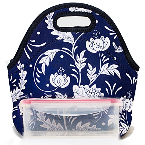 Insulated Lunch Bag Neoprene Lunch Bags For Women Men Cooler Lunch Box Tote - Blue Flower #TOP3