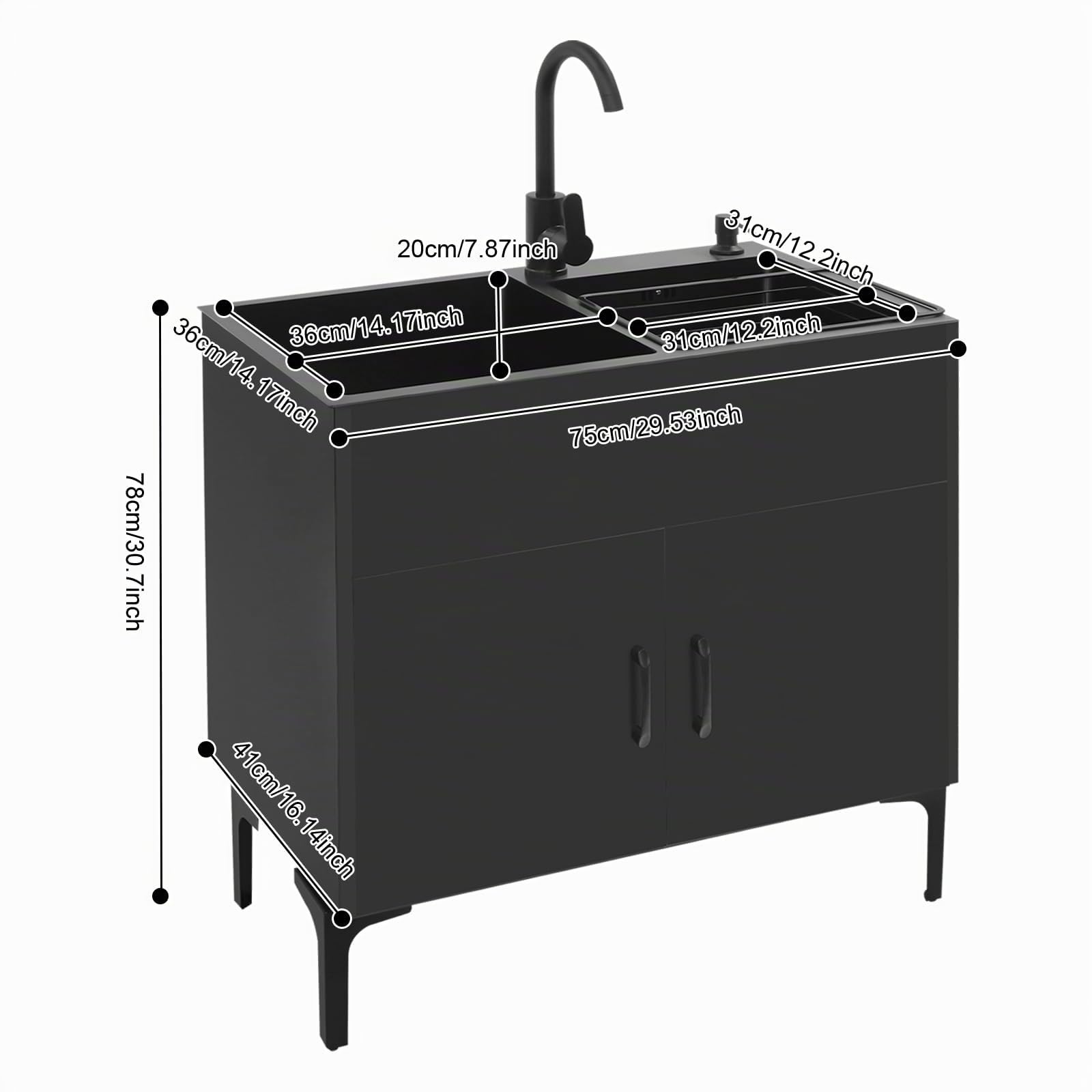 Fregadero de cocina independiente con armario bajo y grifo, fregadero de acero inoxidable con 2 cuencos, escurridor y unidad de drenaje, para cocina, jardín, exterior, taller, lavandería, camping