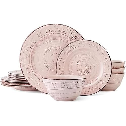 Pfaltzgraff Pink Trellis 12-Piece Dinnerware Set, Stoneware Plates and Bowls Sets for 4, Dishwasher and Microwave Safe, Rustic Garden-Inspired Design