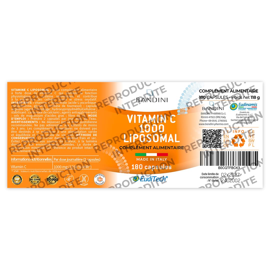 Bandini® Vitamine C Liposomale 1000mg, 180 Gélules Vegan (3 mois), Acide Ascorbique à Haut Dosage, Haute Absorption et Biodisponibilité, Antioxydant, Système Immunitaire, Vit C pour Réduire la Fatigue