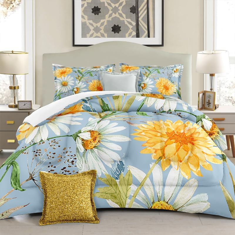Daisy Comforter Set Queen Light Blue Spring Flowers 3 Pieces Microfiber Bedding Quilt for Couples Boys Girls Teens