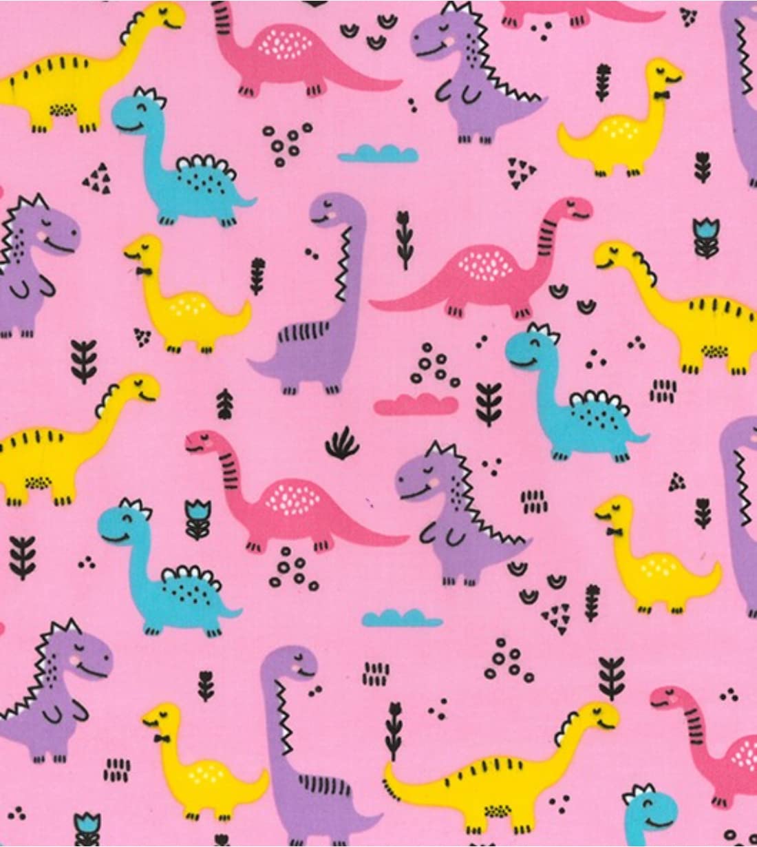 Printed Polycotton Craft Fabric Material - Cartoon Dinosaurs Pink, 1Mtr 110cmx100cm