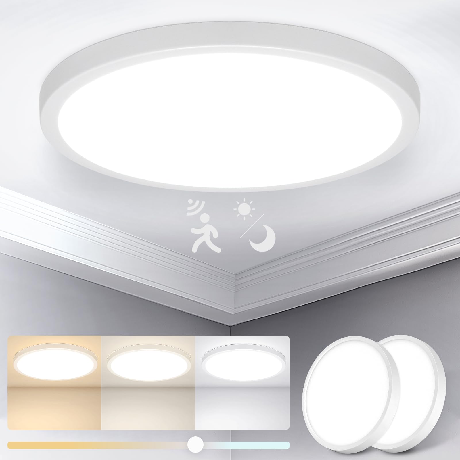 Yafido 24W Radar LED Lampe mit Bewegungsmelder Innen, 3 Farben Rund Deckenleuchte mit Bewegungsmelder, IP44 Deckenlampe mit Sensor für Flur Keller Treppenhaus, Warmweiß Naturweiß Kaltweiß, 2 Stück