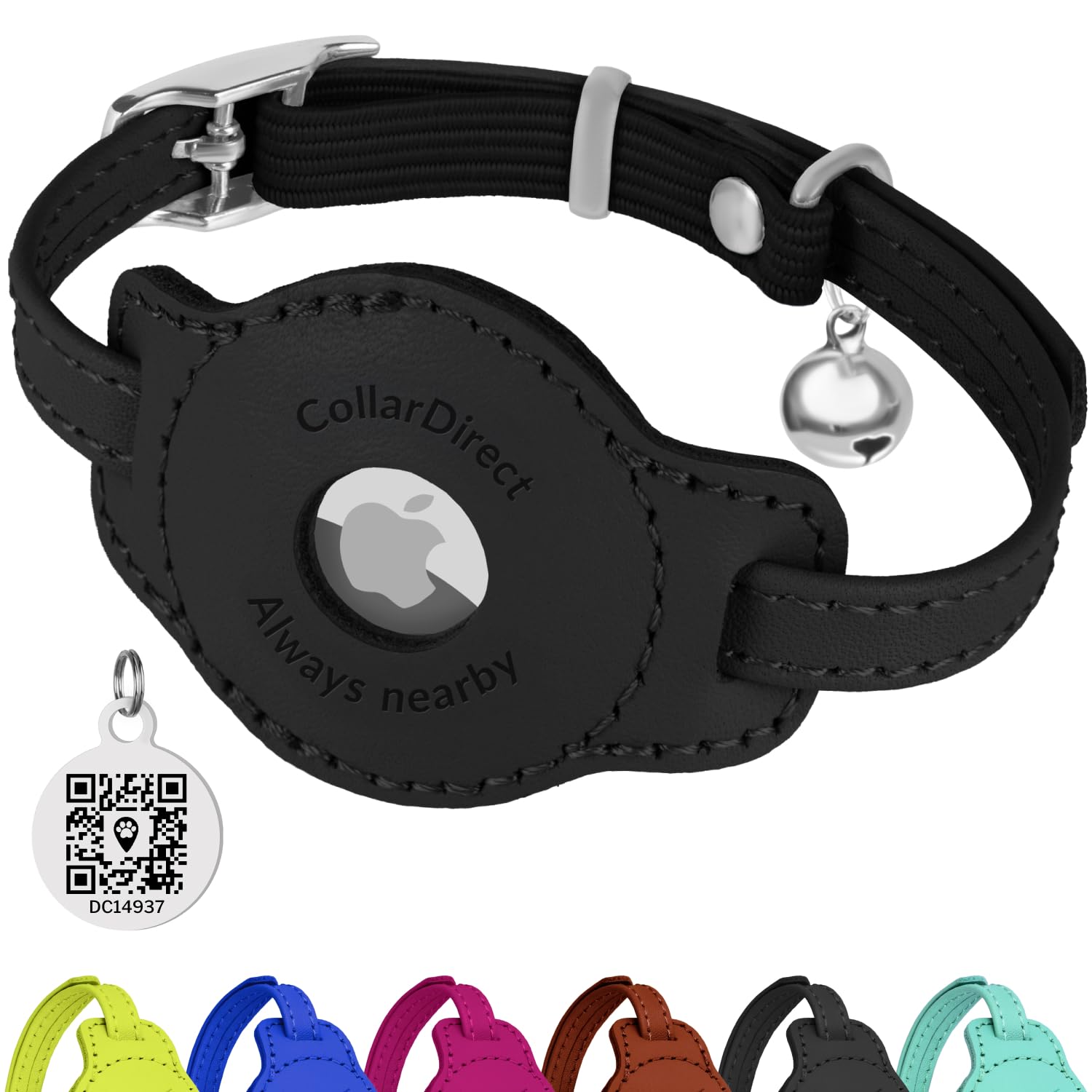 CollarDirect Airtag Cat Colar with QR Tag and Bell - Leather Cat Collar with Airtag Holder and Elastic Strap for Kittens, Small Large Cats - Collar