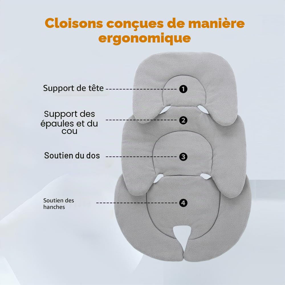 Réducteur de siège, coussin de siège auto, appuie-tête pour siège auto nouveau-né, housse souple pour siège auto, poussette, chaise haute (gris)