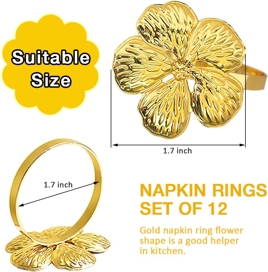 Gold Napkin Ring Sets of 12, Metal Flower Napkin Rings