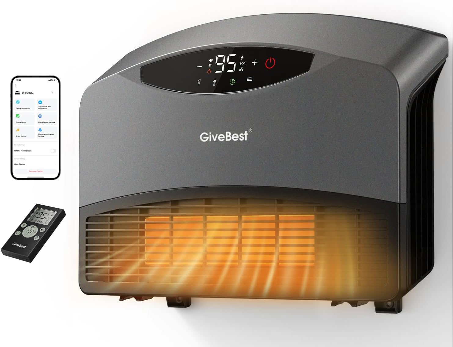 GiveBest Smart Wall Heater with WiFi and Remote Control, 1500W, Floor or Wall Mounted, 3 Heating Modes, Electric Heater with Thermostat for Living Room, Garage, Grey