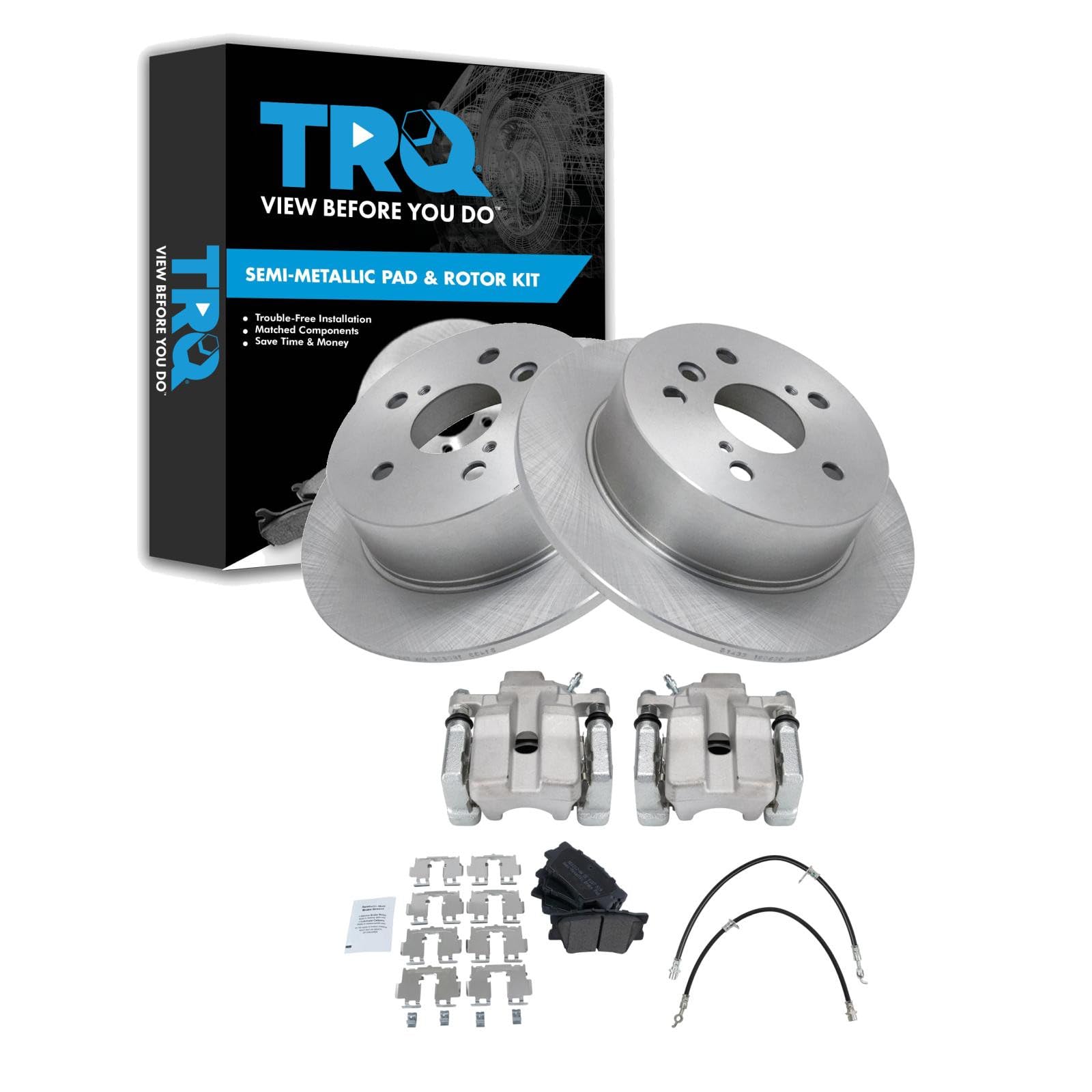 TRQ Rear Brake Pad and Rotor Set Semi Metallic Rotors Calipers Compatible with 2007-2012 Lexus ES350 2008-2012 Toyota Avalon 2007-2011 Camry