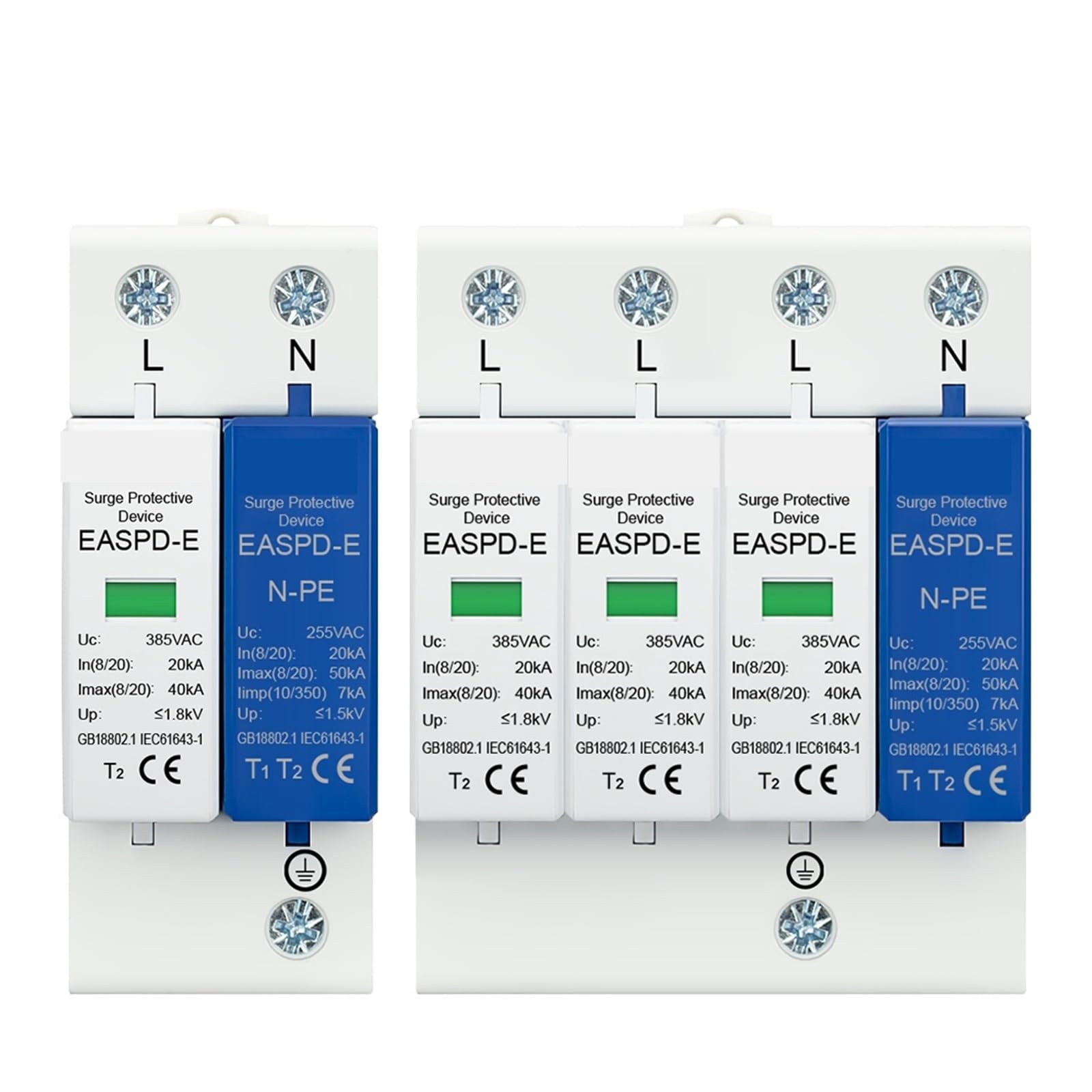 AC SPD 1P+NPE 3P+NPE 50KA T1 T2 385V 275V House Lightning Surge Protector Protective Low-Voltage Arrester Device Din Rail(4P,AC 385V)