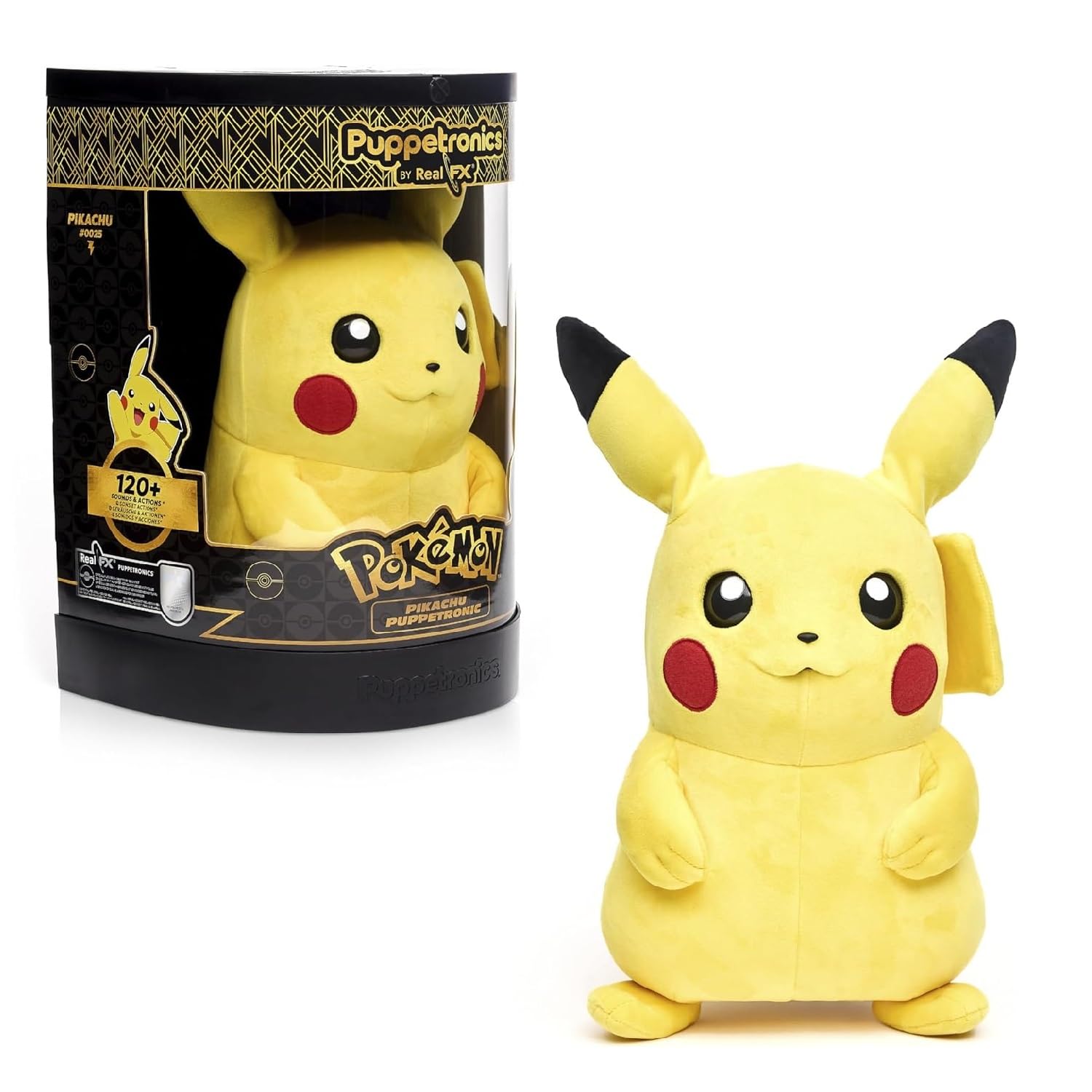 WOW! STUFF Pokémon Pikachu Puppetronic by RealFX | Interactive Life-Like Pikachu with 120+ Sounds & Actions | Moving Mouth, Light-Up Cheeks, Dual-Motion Ears | Premium Collector Display Case |Age 8+