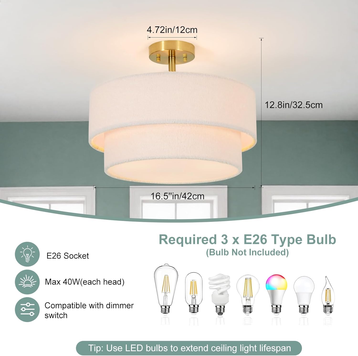 16.5'' Semi Flush Mount Ceiling Light, 3-Light Gold Ceiling Light Fixture with 2-Layer White Plush Shade, Farmhouse Drum Close to Ceiling Light for Living Room, Hallway, Bedroom, Kitchen, Dining Room