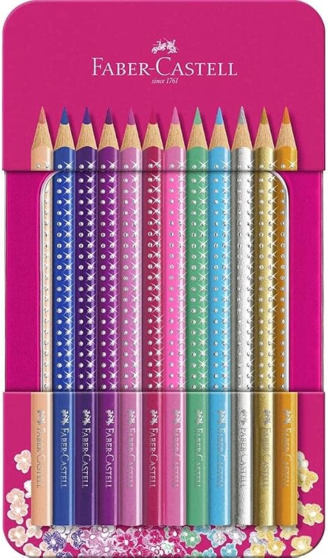 Sparkle Colour Pencils - Tin of 12 | Triangular and shatterproof coloured pencils in glitter design for children and adults