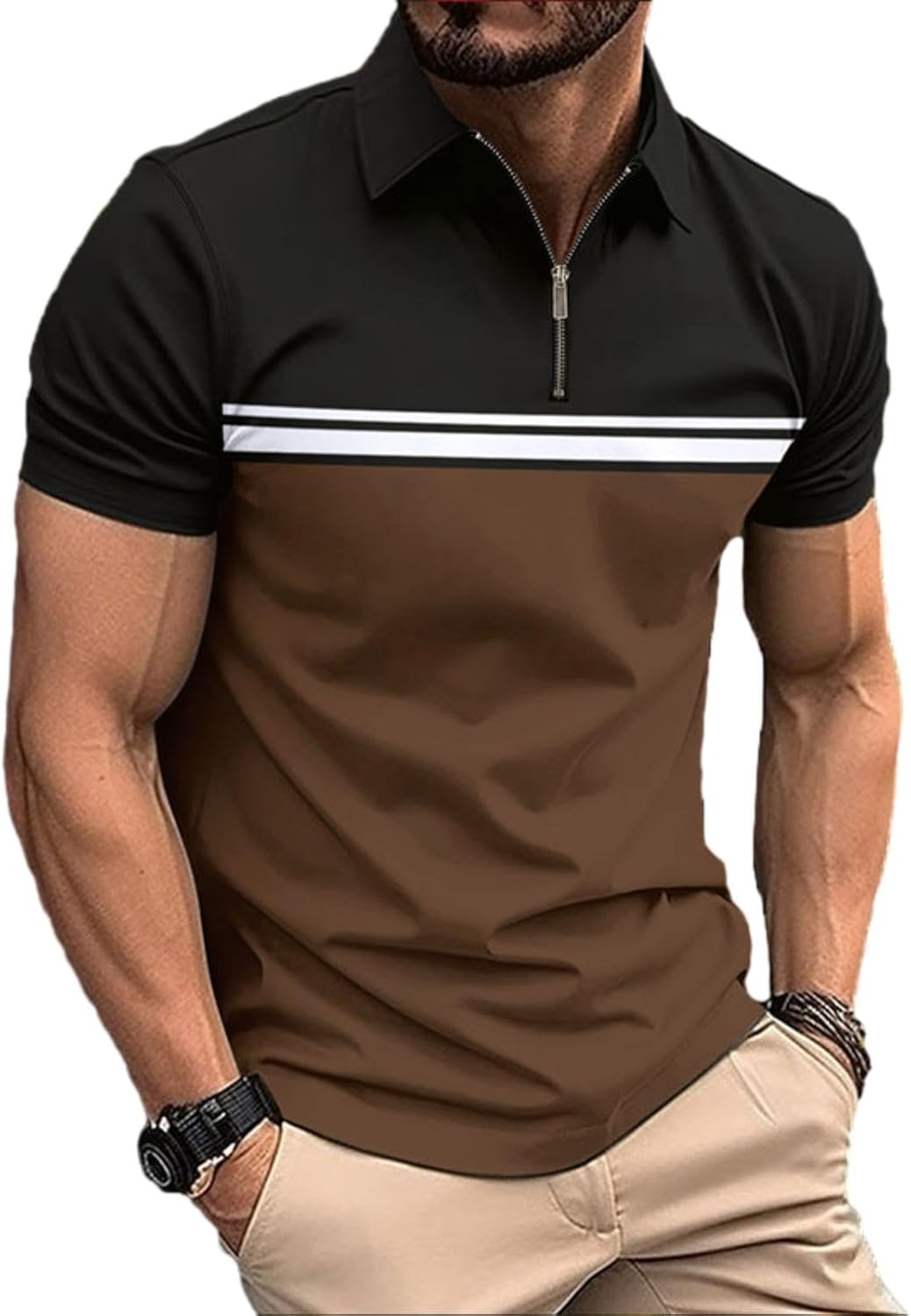 Mens Fashion Color Block Polo Shirts Casual Short Sleeve T Shirt Striped Moisture Wicking Golf Shirts Tops