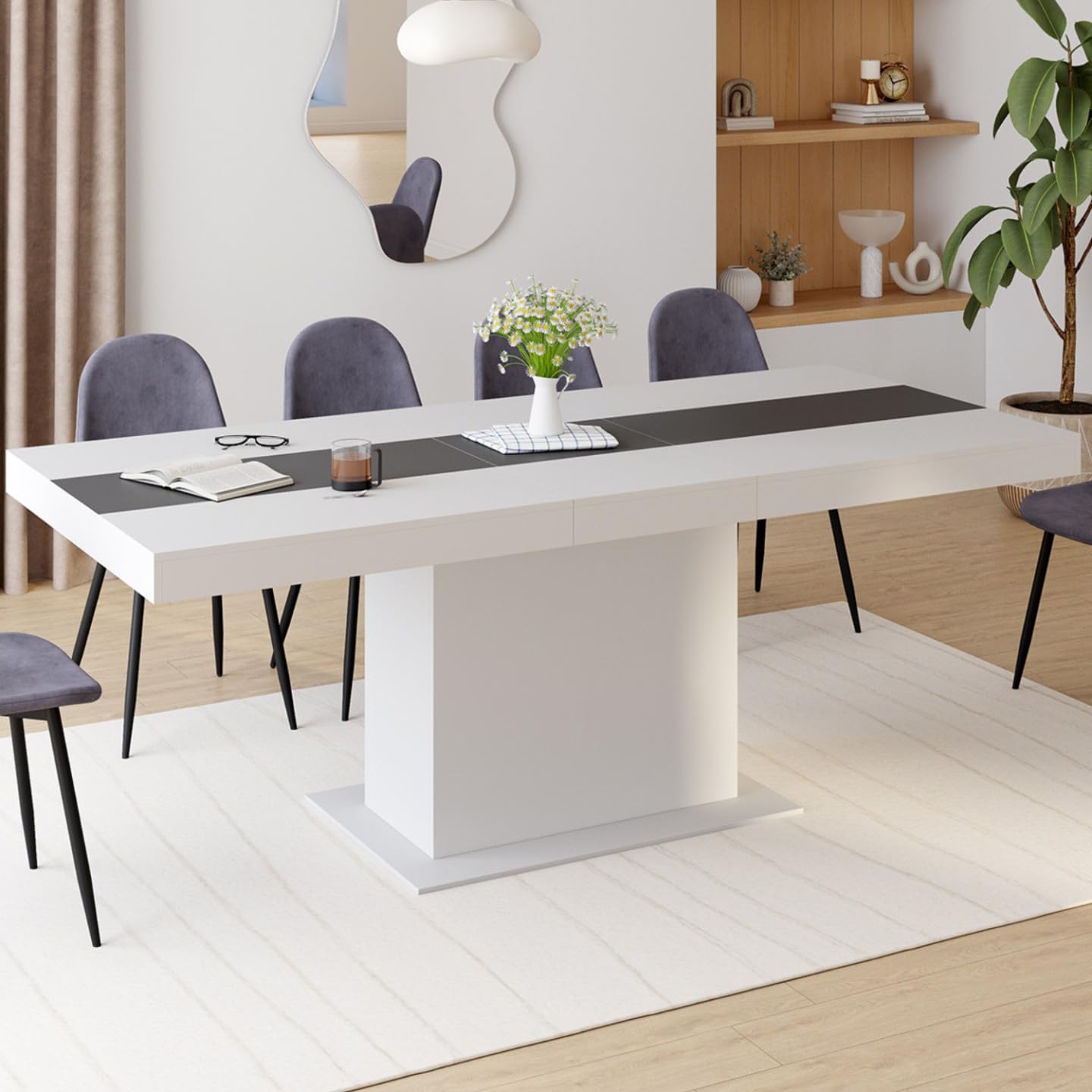 IDMarket - Tavolo da pranzo rettangolare allungabile EDEN 6-10 persone bianco con fascia centrale grigia 160-200 cm