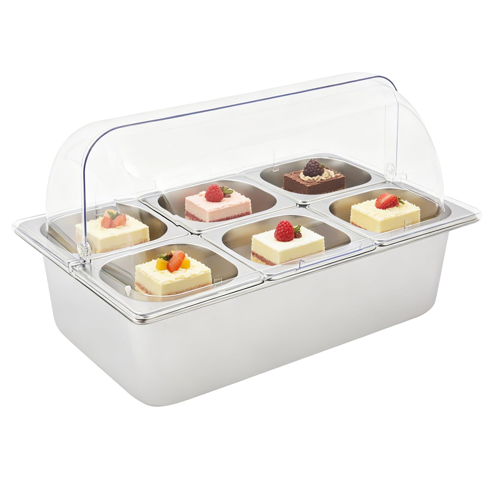 TFCFL Countertop Ice Food Serving Display Container with 6 Pans,Buffet Cold Serving Cooler Platter Cooling Food Dishes Display Plate with PC Roll Cover for Seafood Fruit Party Buffet Tray,Silver: Serving