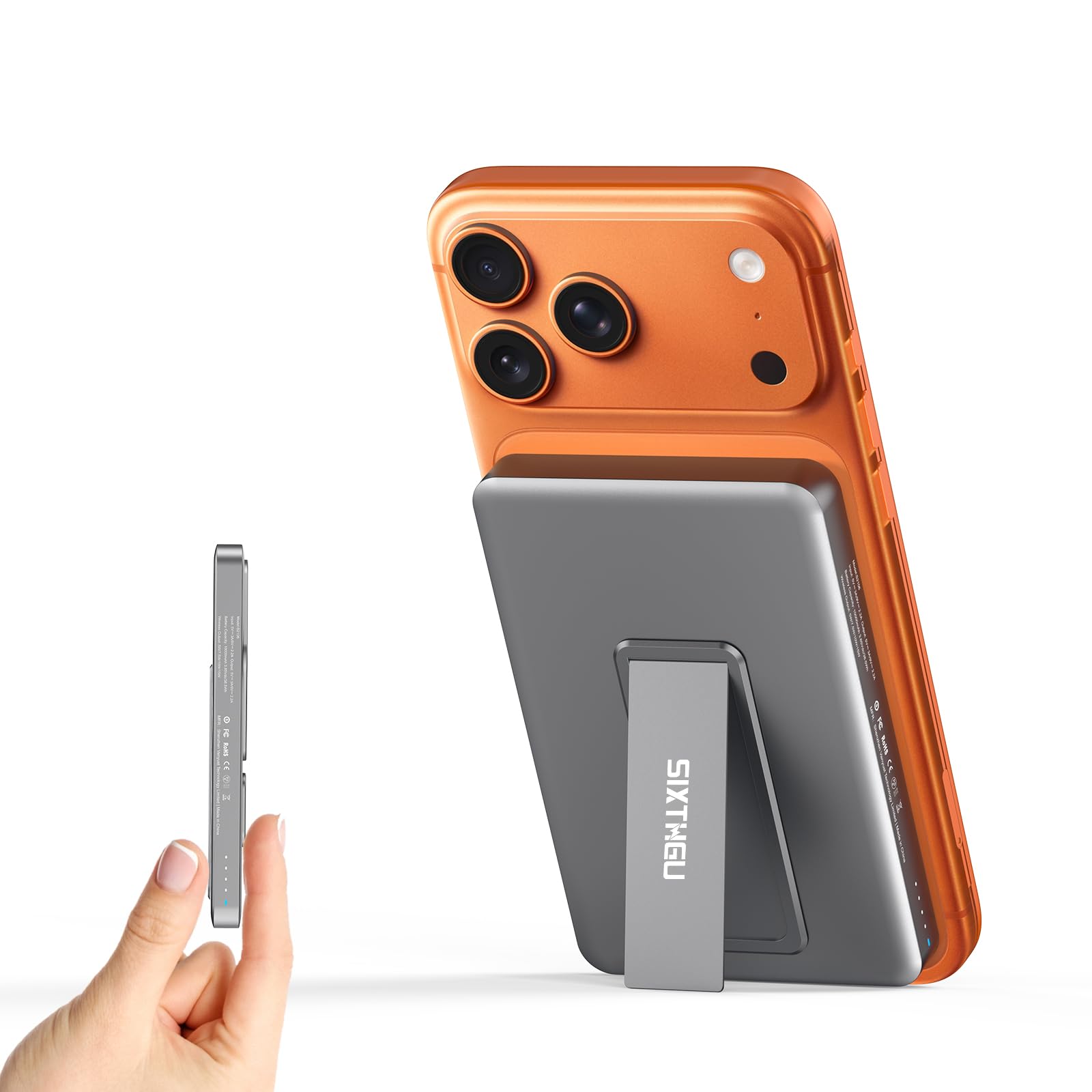 SIXTHGU S2106 Portable Charger attached to an iPhone, showing 10000mAh capacity and charging capabilities.