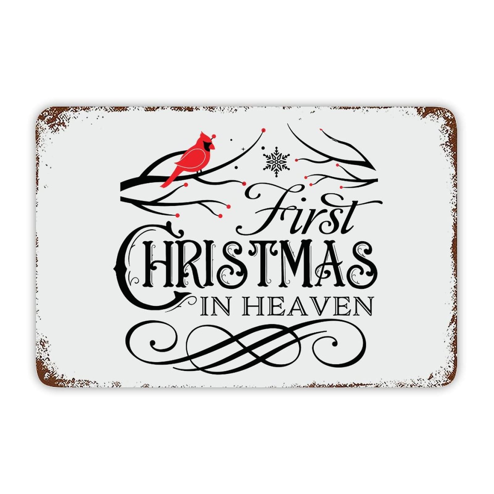 ENEDNATE Christmas Metal Sign,Red Bird First Christmas in Heaven Vintage Farmhouse Decorative Aluminum Tin Metal Signs with Saying for Living Room Bedroom Home Decor Print Poster Wall Art 8x12 Inch