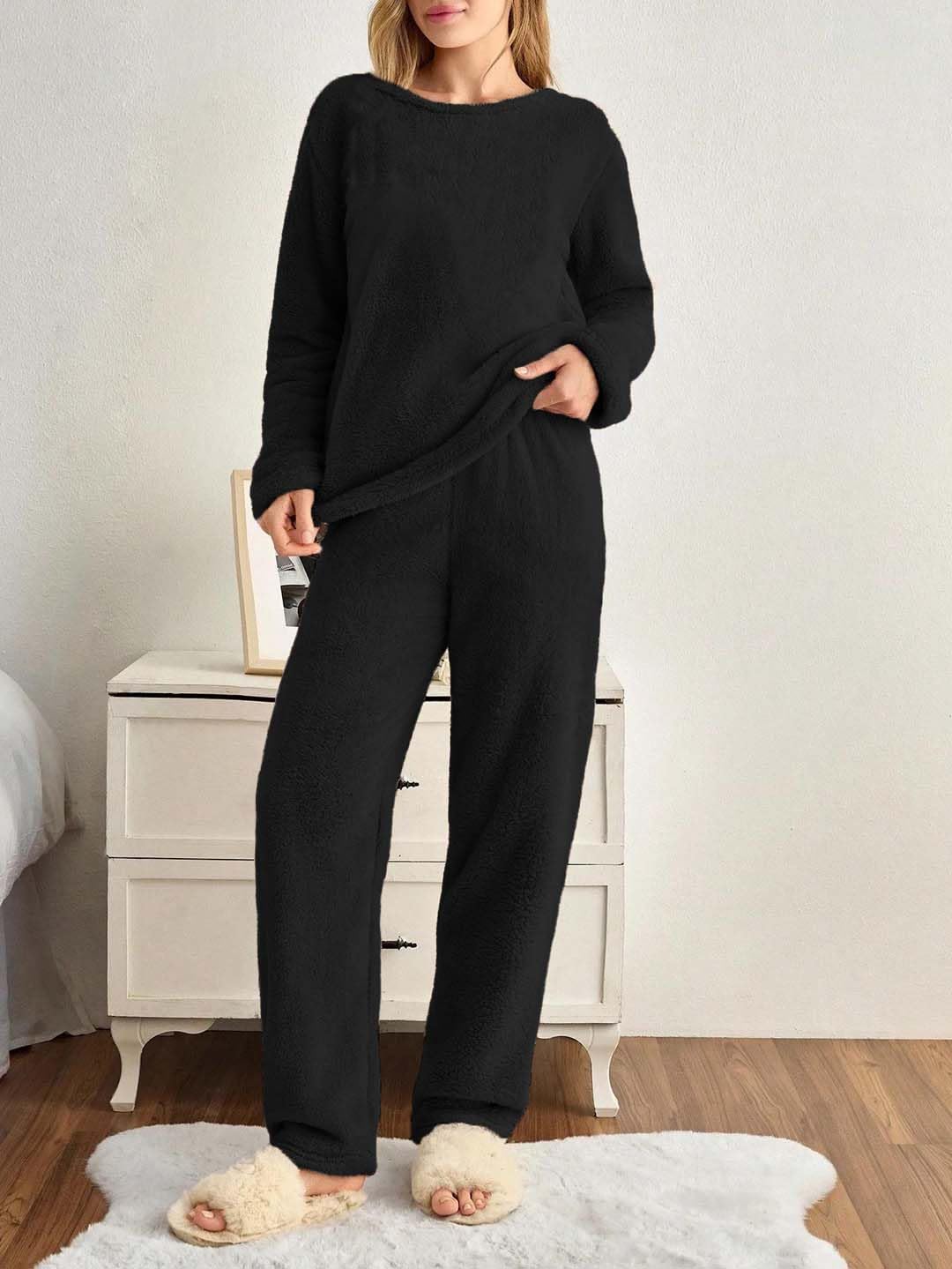KOTTY Czarny zimowy dres treningowy dla kobiet, zestaw co-order, ciepły wełniany polar, jogger i bluza, strój do stylowej odzieży fitness i podróży
